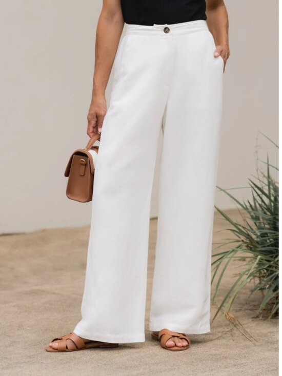 Maye the Label Pants - MAYE Estella Linen Blend Wide Leg Pants Ivory White Elastic Waist M